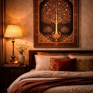 Persian Tree of Life print in warm amber bedroom with bedside lamp, iranian wall art styled in cosy bedroom interior, antique rug motif poster, persian folk art decor, middle eastern heritage print, pomegranate tree artwork, oriental wall decor, cultural home art, boho bedroom styling, symbolic nature wall art