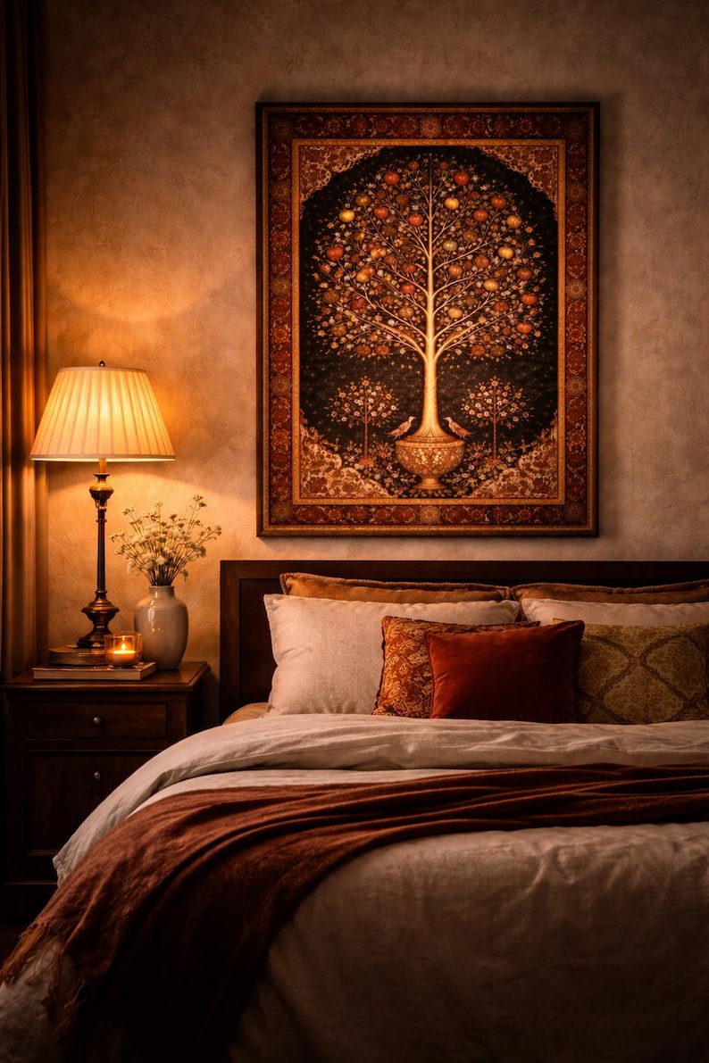 Persian Tree of Life print in warm amber bedroom with bedside lamp, iranian wall art styled in cosy bedroom interior, antique rug motif poster, persian folk art decor, middle eastern heritage print, pomegranate tree artwork, oriental wall decor, cultural home art, boho bedroom styling, symbolic nature wall art