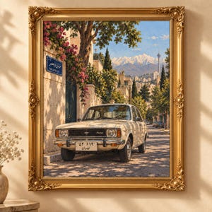 May include: A framed painting of a cream-coloured Paykan car parked on a sunlit street. A blue street sign reads Valiasr St in English and Persian. In the background, snow-capped mountains rise above buildings and trees under a clear blue sky.