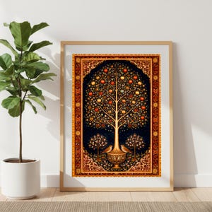 Persian Tree of Life framed art print beside fiddle leaf fig plant in bright modern interior, iranian wall art, persian folk art poster, antique rug motif print, middle eastern home decor, pomegranate tree artwork, cultural heritage print, oriental wall decor, boho living room art, nature inspired wall art, persian gift