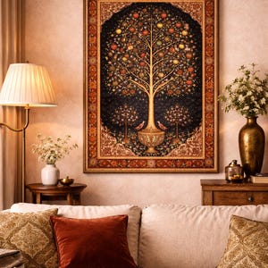 Persian Tree of Life art print in warm gold frame above living room sofa with amber cushions, iranian heritage wall decor, antique rug motif poster, persian folk art print, middle eastern home decor, pomegranate tree artwork, oriental wall art, cultural interior styling, boho living room decor, statement wall art
 Antique rug style wall decor with a Persian Tree of Life design, rich colors, and traditional Iranian detailing.