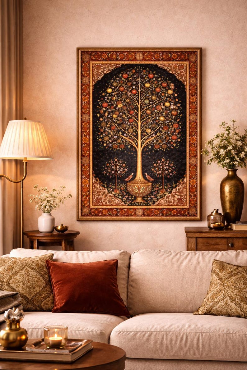 Persian Tree of Life art print in warm gold frame above living room sofa with amber cushions, iranian heritage wall decor, antique rug motif poster, persian folk art print, middle eastern home decor, pomegranate tree artwork, oriental wall art, cultural interior styling, boho living room decor, statement wall art
 Antique rug style wall decor with a Persian Tree of Life design, rich colors, and traditional Iranian detailing.