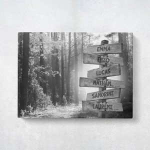 Forest Light tra gli alberi Canvas Wall Art Custom Family Name Sign custom / Black and White, Orange Tones / Christmas gift for women