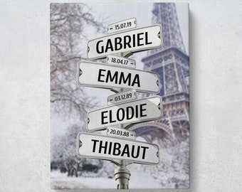 Tableau personnalisé de Paris sous la Neige - Vue Tour Eiffel - Toile personnalisée Prénom Famille | Tons Froids | Cadeau personnalisé femme