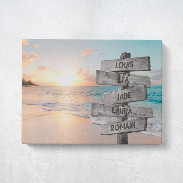 Tableau personnalisé prénom Plage coucher de Soleil - Toile Personnalisée Famille | Tons Beiges, Bleu et Jaune | Cadeau personnalisé famille