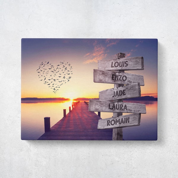 Tableau famille personnalisé Ponton Mer Coucher de Soleil Coeur Ciel Amour - Toile Personnalisée Prénom  | Tons bleuté | Cadeau personnalisé