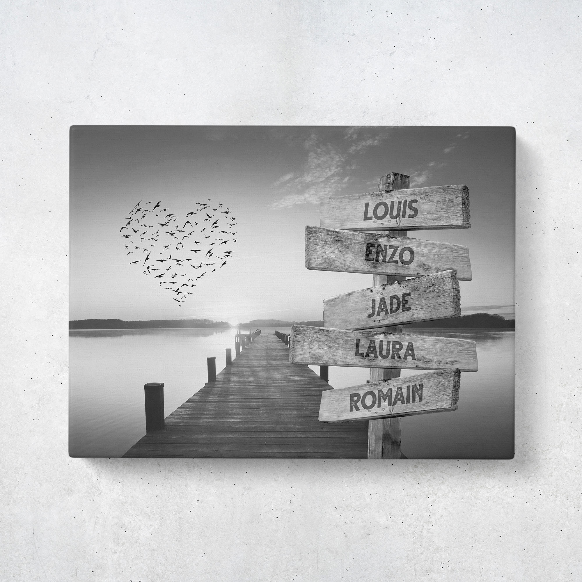 Toile Personnalisée Famille Ponton Coucher Soleil - Cadre Bois Prénoms 30x20 Cm