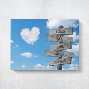 May include: A wooden signpost with five arrows pointing in different directions. Each arrow has a name written on it: Louis, Lea, Jade, Laura, and Romain. The signpost is set against a blue sky with white clouds, including a heart-shaped cloud.