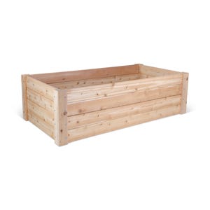 May include: A wooden raised garden bed made of natural cedar wood. The bed is rectangular and has a natural wood finish.