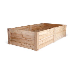 May include: A wooden raised garden bed made of cedar planks. The bed is rectangular and has a natural wood finish.