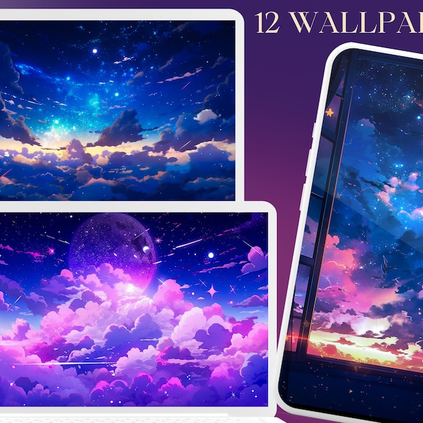 Dark Sky Kawaii Lofi  Anime Galaxy Wallpaper Bundle, Phone and Desktop / iPad 12 Wallpapers