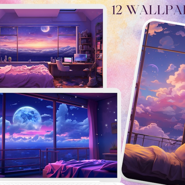 Dreamy Lofi Wallpaper Bundle of 12 background images for mobile & desktop, anime, 4k, kawaii, aesthetic also for iPad, tablet and Android
