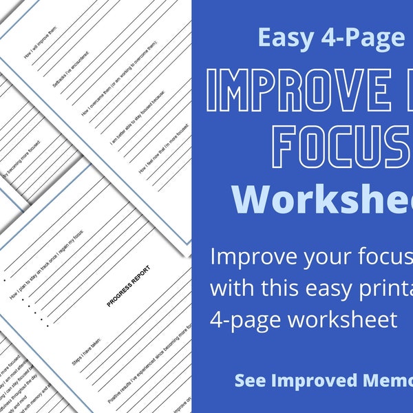 Easy 4-Page Improve Focus Worksheet - Improve memory skills with this easy to print workbook/planner