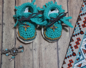 Turquoise baby moccasins with orange and gray embroidery, baby moccasins, moccasins, baby shoes, turquoise baby shoes, handmade baby shoes