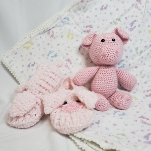 Crocheted Pig Stuffy & Slippers Set: Handmade Farm Animal Gift