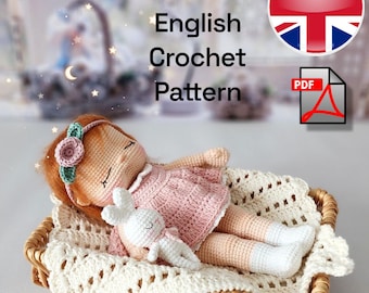 Ängeldocka & Kanin Amigurumi-handledning: Virkmönster 23 cm (digital nedladdning)
