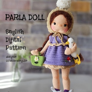 May include: A crocheted doll with brown hair, wearing a purple dress, a white hat with a pom-pom, and white trainers. The doll is holding a green crocheted bag and a white crocheted bird. The text "PARLA DOLL" is in the top left corner of the image. The text "English Digital Pattern" is below the doll's head. The text "designer @Fatoscaorguler" is below the doll's feet.