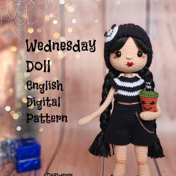 Wednesday Halloween Doll, Amigurumi Crochet English Dijital Pattern, Crochet Doll, Amigurumi Tutorial, English Pattern Pdf