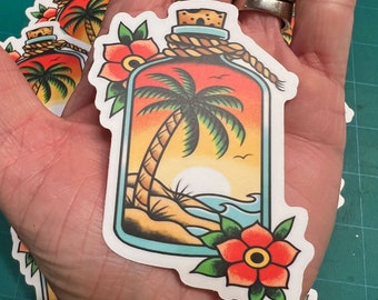 Paradise in a Bottle Tattoo Sticker - Tropical American Traditional Tattoo Art Decals - Car Laptop Tumbler Motorcycle Journal Window