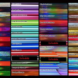 May include: A color chart displaying various adhesive vinyl finishes including glitter, chrome, rainbow, leaf, matte, and iridescent textures. Each horizontal swatch is labeled with its specific color and finish name, such as White Glitter, Iris Chrome, and Black Rainbow.