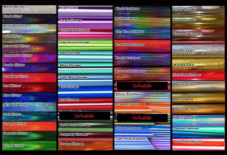 May include: A color chart displaying various adhesive vinyl finishes including glitter, chrome, rainbow, leaf, matte, and iridescent textures. Each horizontal swatch is labeled with its specific color and finish name, such as White Glitter, Iris Chrome, and Black Rainbow.