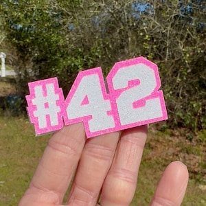 May include: Pink and white glitter iron-on patch with the text "#42" in white letters.