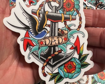 Dad Anchor Swallow Tattoo Sticker  -  American Traditional Tattoo Art Decals - Car Laptop Tumbler Motorcycle Journal Window
