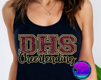 Custom Glitter Cheer Tank Tops - Cheerleading Racerback Tanks - Cheerleader BIG Letters and Pom-Poms - School Spirit Pride - Cheer Squad