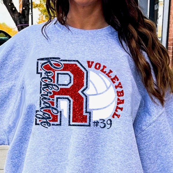 Sudaderas y sudaderas con capucha de voleibol con purpurina personalizadas - Nombre y números en LETRAS GRANDES - Orgullo escolar - Equipo deportivo escolar de mamás