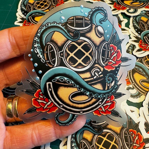 Pegatina de tatuaje de pulpo buceador de aguas profundas - Calcomanías de arte flash tradicional americano - Para coche, portátil, vaso, motocicleta, diario o ventana