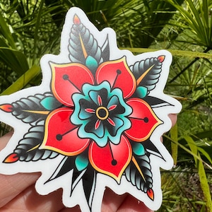 Tattoo Flower Sticker  -  American Traditional Tattoo Art Decals - Car Laptop Tumbler Motorcycle Journal Window