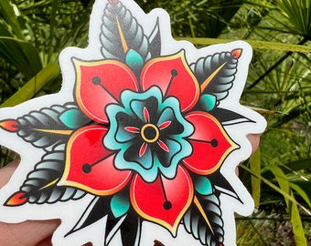 Tattoo Flower Sticker  -  American Traditional Tattoo Art Decals - Car Laptop Tumbler Motorcycle Journal Window