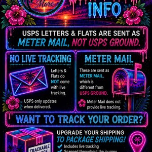 Może przedstawiać: Grafika informacyjna w stylu neonowym z motywem zachodu słońca na plaży, ozdobiona r&oacute;żowymi kwiatami hibiskusa i palmami. Tekst zawiera: IMPORTANT SHIPPING INFO, USPS LETTERS & FLATS ARE SENT AS METER MAIL, NO LIVE TRACKING, WANT TO TRACK YOUR ORDER?