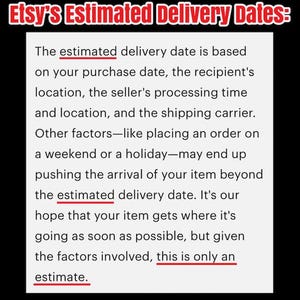 May include: A white informational graphic with black text titled Etsy's Estimated Delivery Dates. It explains that delivery dates depend on purchase date, location, processing time, and carrier, noting that weekends or holidays may cause delays.