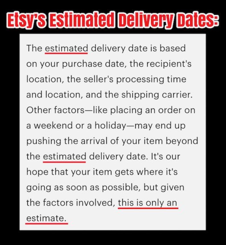 May include: A white informational graphic with black text titled Etsy's Estimated Delivery Dates. It explains that delivery dates depend on purchase date, location, processing time, and carrier, noting that weekends or holidays may cause delays.