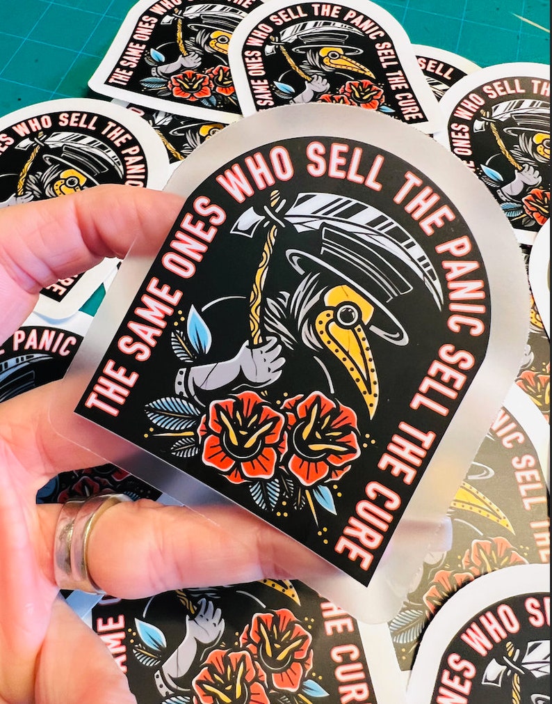 Plague Doctor Sticker 3.5"x3" - Victorian Medieval Raven Beak Mask Dr - "The Same Ones Who Sell The Panic Sell The Cure" Windows Car Laptop Water Bottle Cups Tumblers