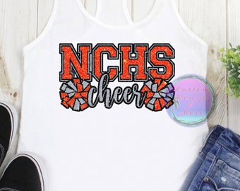 Personalized Cheerleader High School Initials and Pom Poms, Glitter Iron On Transfer Decal, Patch - LARGE 10"x6.5"