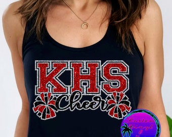 Custom Glitter Cheer Tank Tops - Racerback Tanks - Cheerleader BIG Letters and Pom-Poms - School Spirit Pride - Cheer Squad