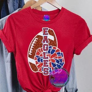 Custom Glitter Football Shirts - Team T-Shirts School Name and Pom-Pom - School Spirit Pride - Cheer Squad