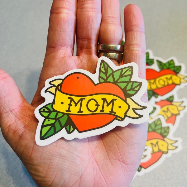 Mom Heart Tattoo Sticker  -  American Traditional Tattoo Art Decals - Car Laptop Tumbler Motorcycle Journal Window