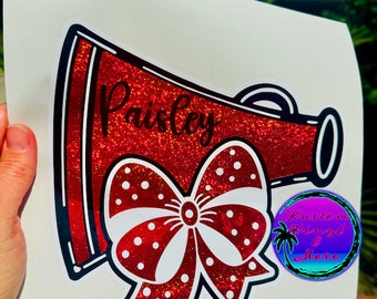 Custom Cheer Bucket Decals - Personalized Name Cheerleader Big Bow Megaphone Decals - School Pride Spirit Notebook Tumbler Binder