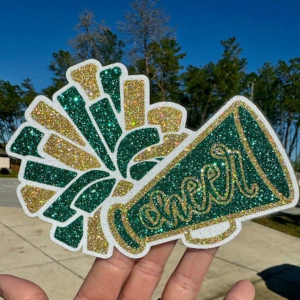 Pegatinas e imanes con brillantina para animadoras - Pompón con megáfono de animadora de secundaria - Equipo universitario JV, portátil, botella de agua, vasos, tazas