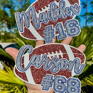 Custom Glitter Football Team Stickers & Magnets - Name and Number - School Spirit Pride - Varsity JV Laptop Water Bottle Cups Tumblers