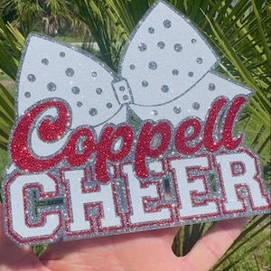 Custom  Cheer Name BIG BOW Glitter Stickers & Magnets - Cheerleader Team - Varsity JV Laptop Water Bottle Cups Tumblers