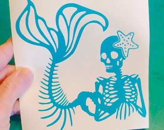 Skeleton Mermaid with Starfish Sticker Sticker - 5&quot; to 11&quot; - Vinyl Car Laptop Decals