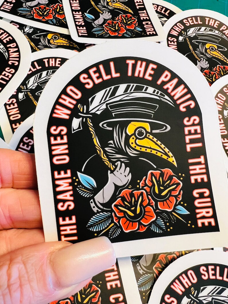 Plague Doctor Sticker 3.5"x3" - Victorian Medieval Raven Beak Mask Dr - "The Same Ones Who Sell The Panic Sell The Cure" Windows Car Laptop Water Bottle Cups Tumblers