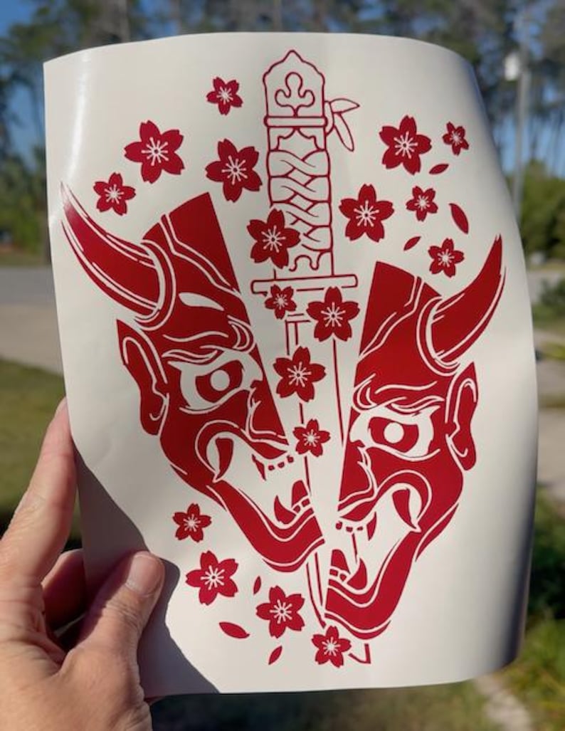 Japanese Oni Cherry Blossom Mask Decal - Sakura Samurai Hannya Kabuki ...