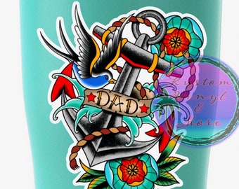 Dad Anchor Swallow Tattoo Sticker - American Traditional Tattoo Art Decals - Car Laptop Tumbler Motorcycle Journal Window