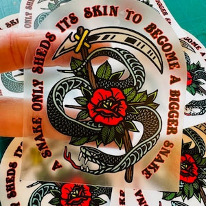 Snake Scythe Tattoo Sticker 3.5&quot;x3&quot; - American Traditional Style Art - &quot;A Snake Only Sheds Its Skin&quot;