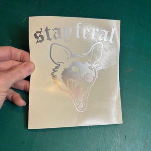 May include: A silver-colored vinyl decal on a light-colored backing sheet featuring a graphic illustration of an opossum with its mouth open in a hiss. Above the opossum, the text "stay feral" is printed in a gothic-style black font.